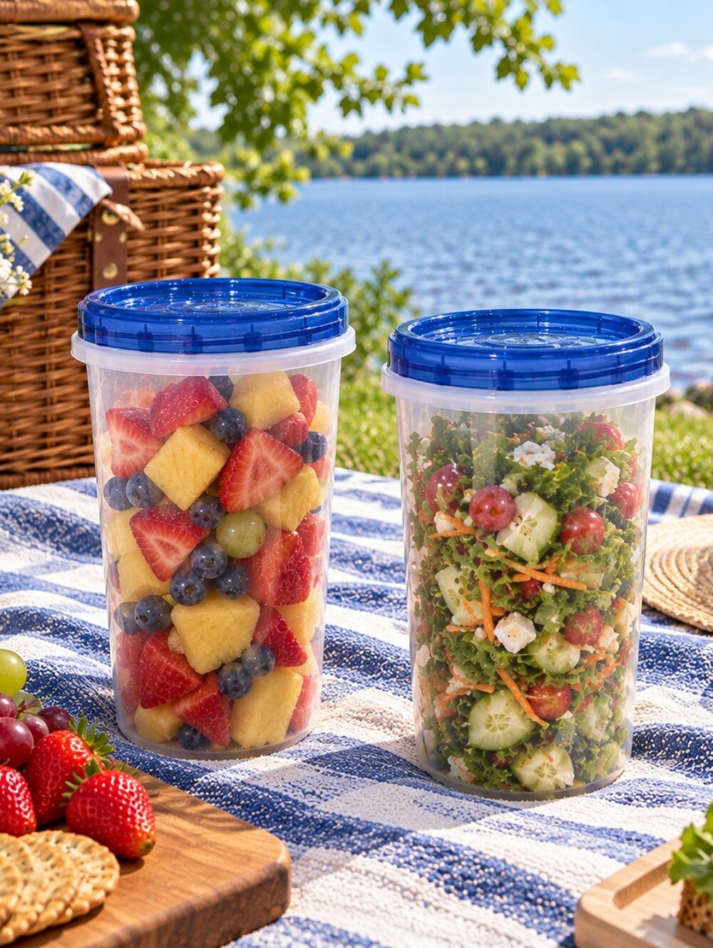 SET OF 2 Clear Plastic Food Storage Containers with Blue Lids